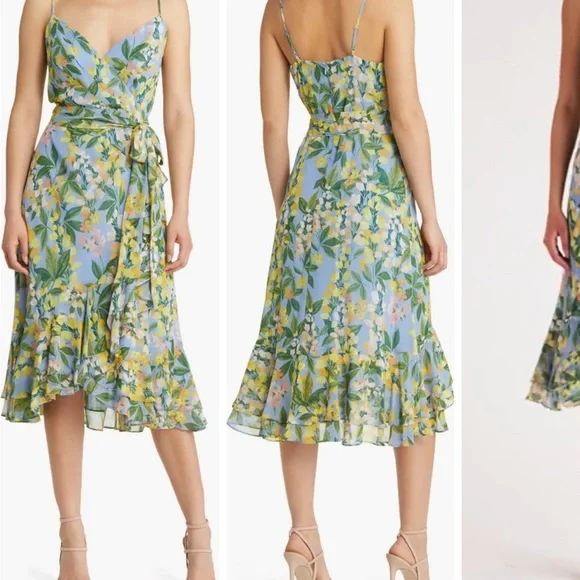 Eliza J Floral Wrap Bodice Dress in Blue at Nordstrom, Size 10